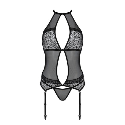 Корсет з пажами Passion SATARA CORSET L/XL black, стрінги, мереживо, застібки спереду та ззаду