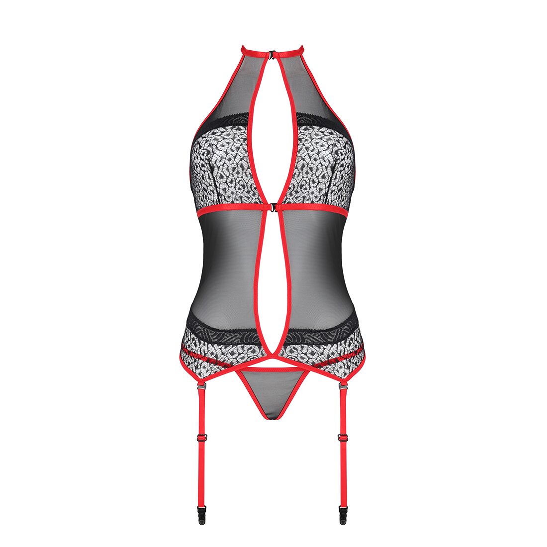 Корсет з пажами PassionSATARA CORSET L/XL red, стрінги, мереживо, застібки спереду та ззаду