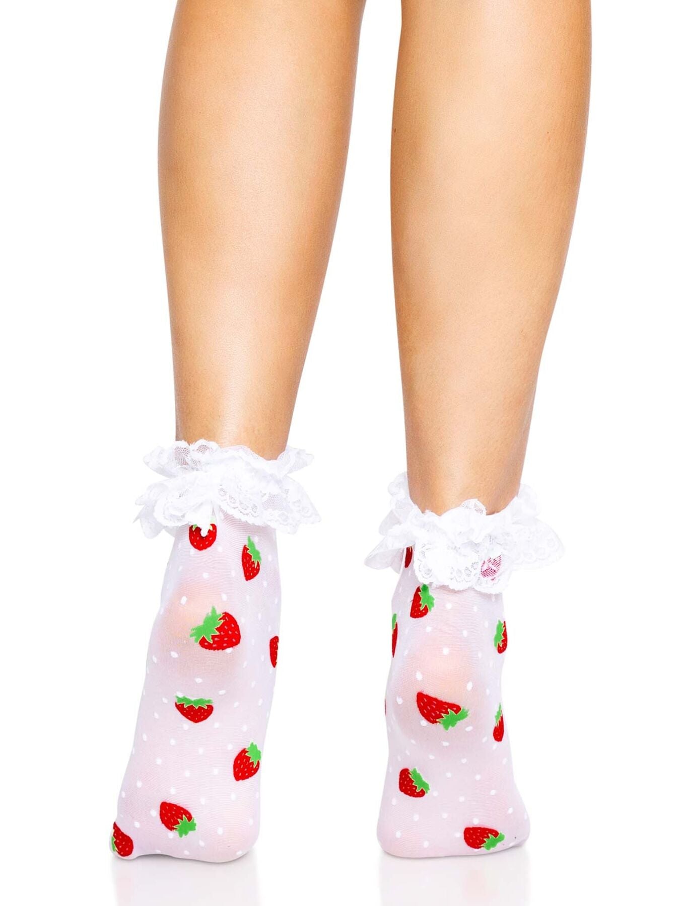 Шкарпетки жіночі з полуничним принтом Leg Avenue Strawberry ruffle top anklets One size, мереживні м