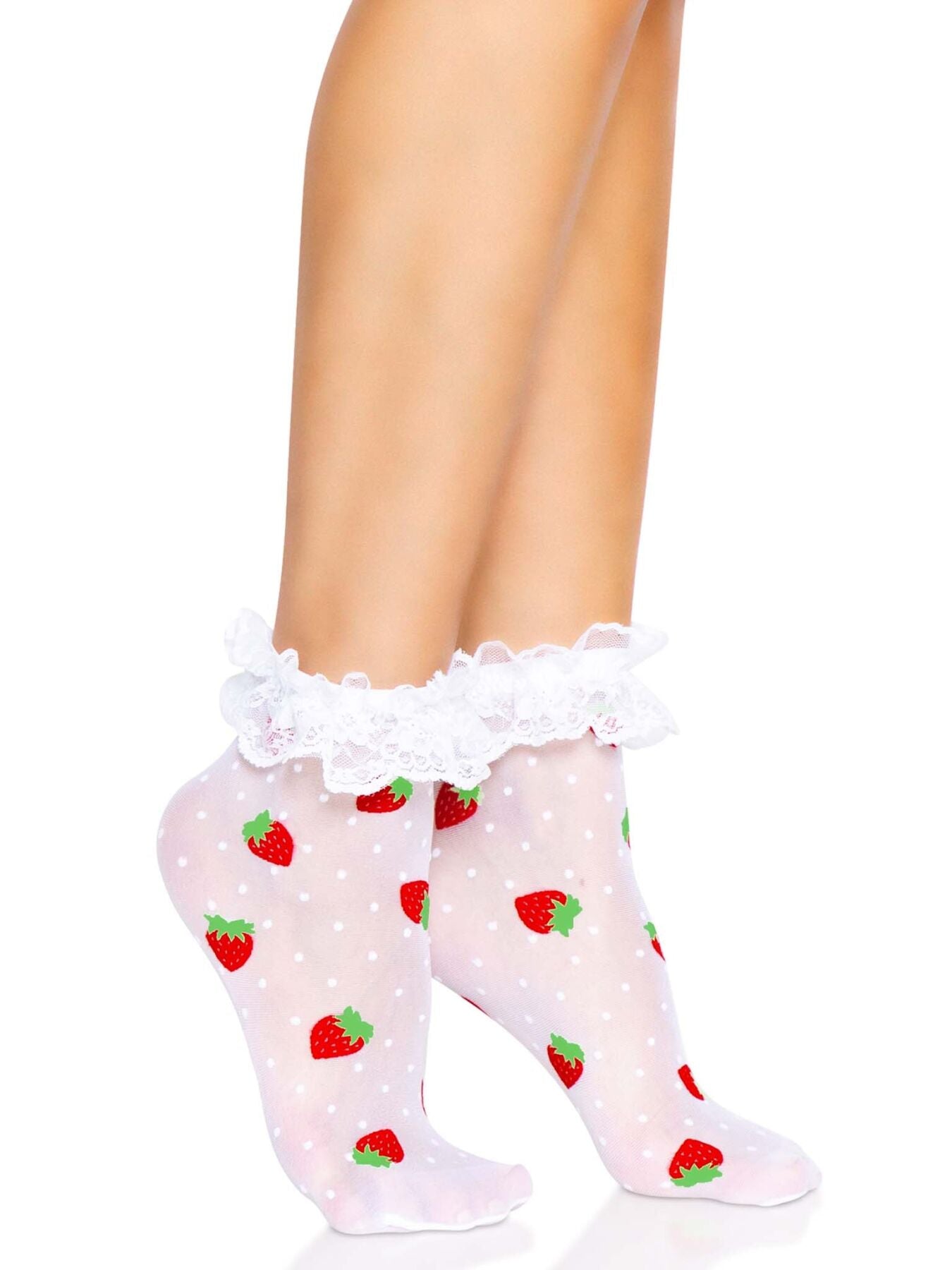 Шкарпетки жіночі з полуничним принтом Leg Avenue Strawberry ruffle top anklets One size, мереживні м