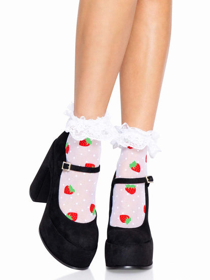 Шкарпетки жіночі з полуничним принтом Leg Avenue Strawberry ruffle top anklets One size, мереживні м