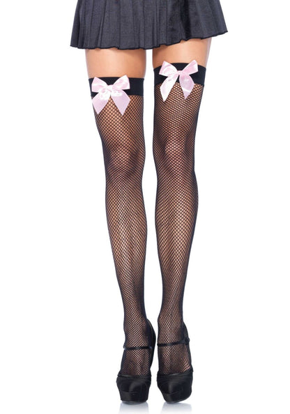 Панчохи-сітка з атласним бантиком Leg Avenue Fishnet Thigh Highs One size, Black With Bow Pink