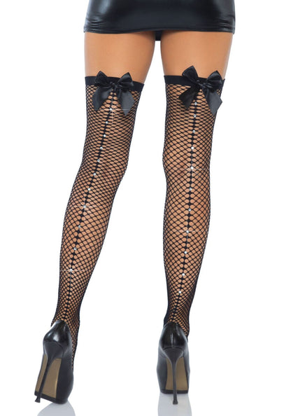 Панчохи-сітка зі швом ззаду Leg Avenue Bow back seam thigh highs One size Black, атласний бант