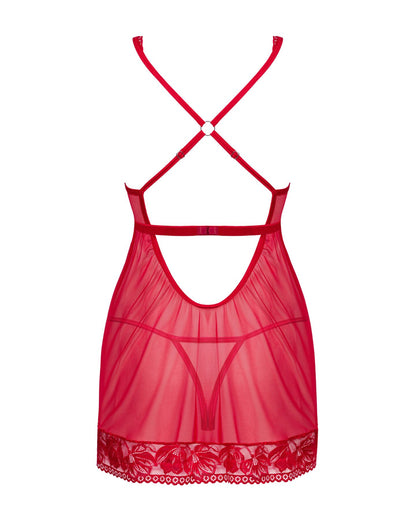 Прозора сорочка бебі-дол Obsessive Lacelove babydoll & thong XS/S Red, мереживо, стрінги