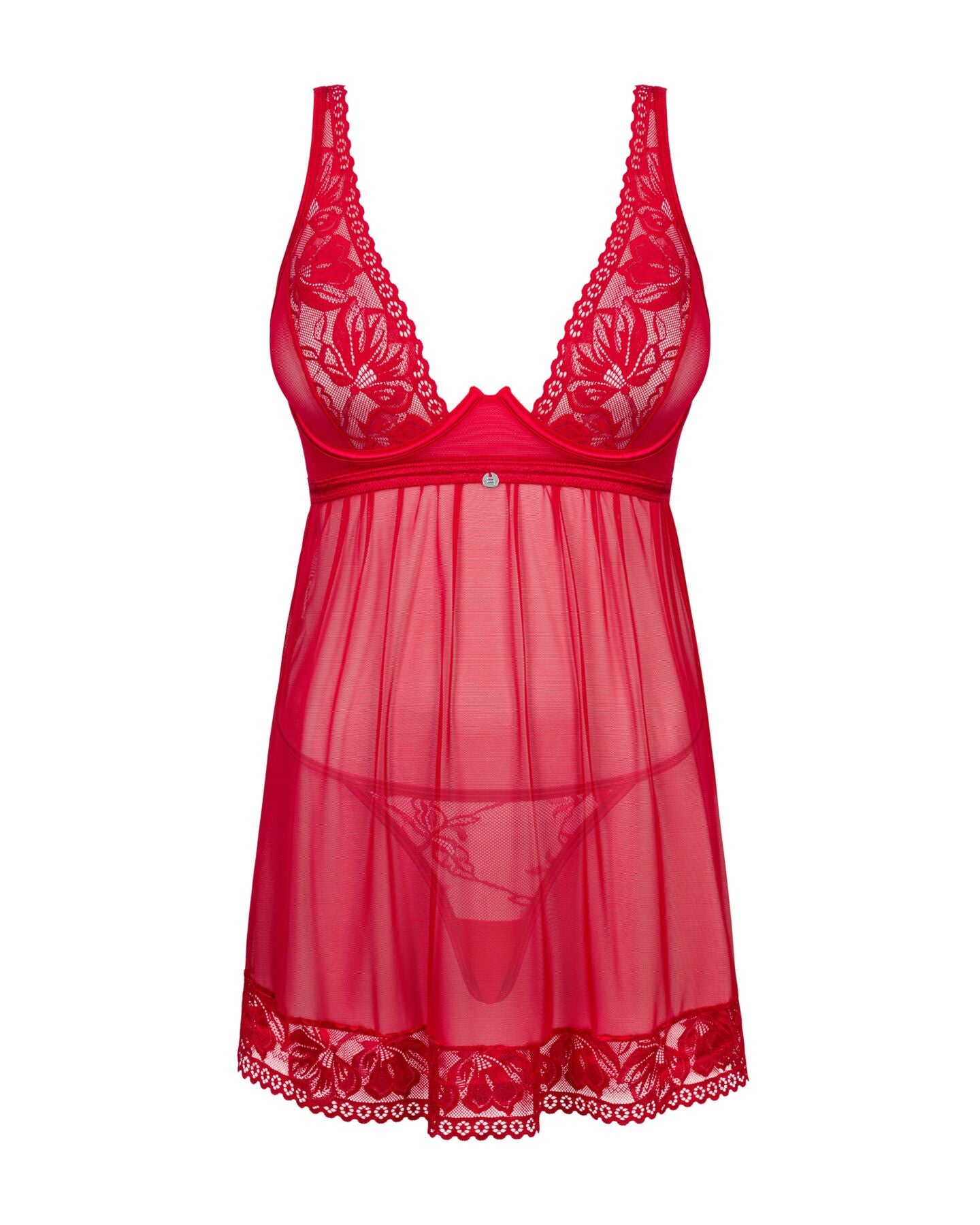 Прозора сорочка бебі-дол Obsessive Lacelove babydoll & thong XS/S Red, мереживо, стрінги