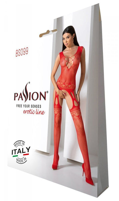 Бодістокінг з плетінням на грудях Passion BS099 One Size, red, відкритий доступ, імітація підв’язок