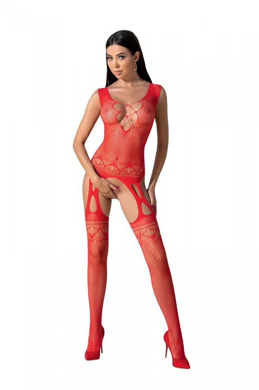 Бодістокінг з плетінням на грудях Passion BS099 One Size, red, відкритий доступ, імітація підв’язок