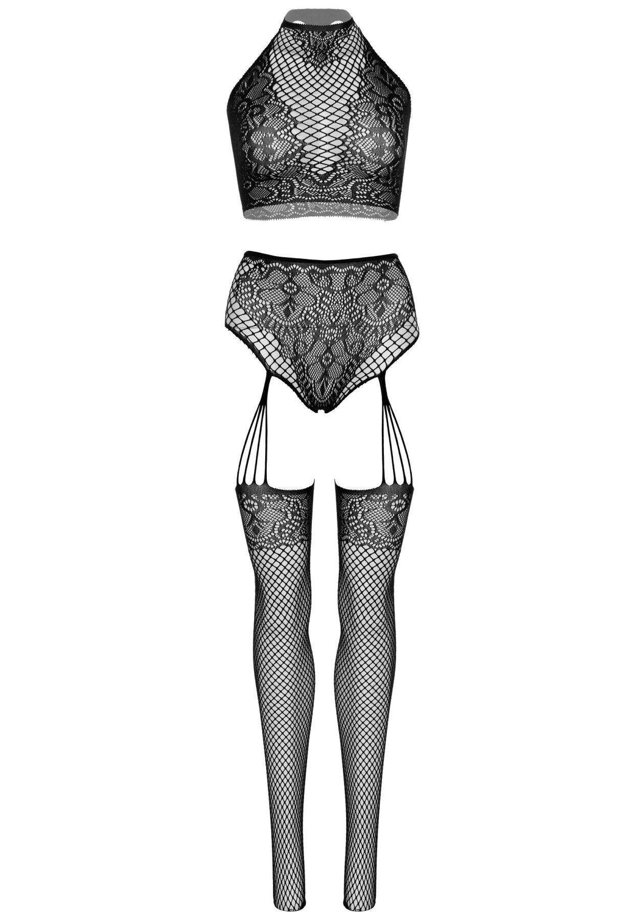 Еротичний комплект Leg Avenue Crop top and garter panty Black, топ, трусики з доступом, панчохи