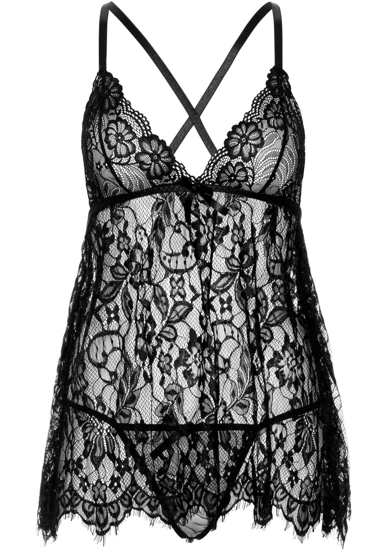 Сорочка бебі-дол Leg Avenue Floral lace babydoll & string Black S, стрінги