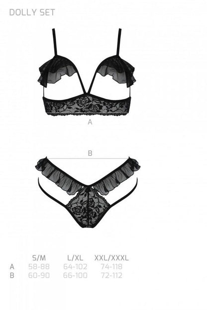 Еротичний комплект Passion DOLLY SET, L/XL, black, з відкритими чашками