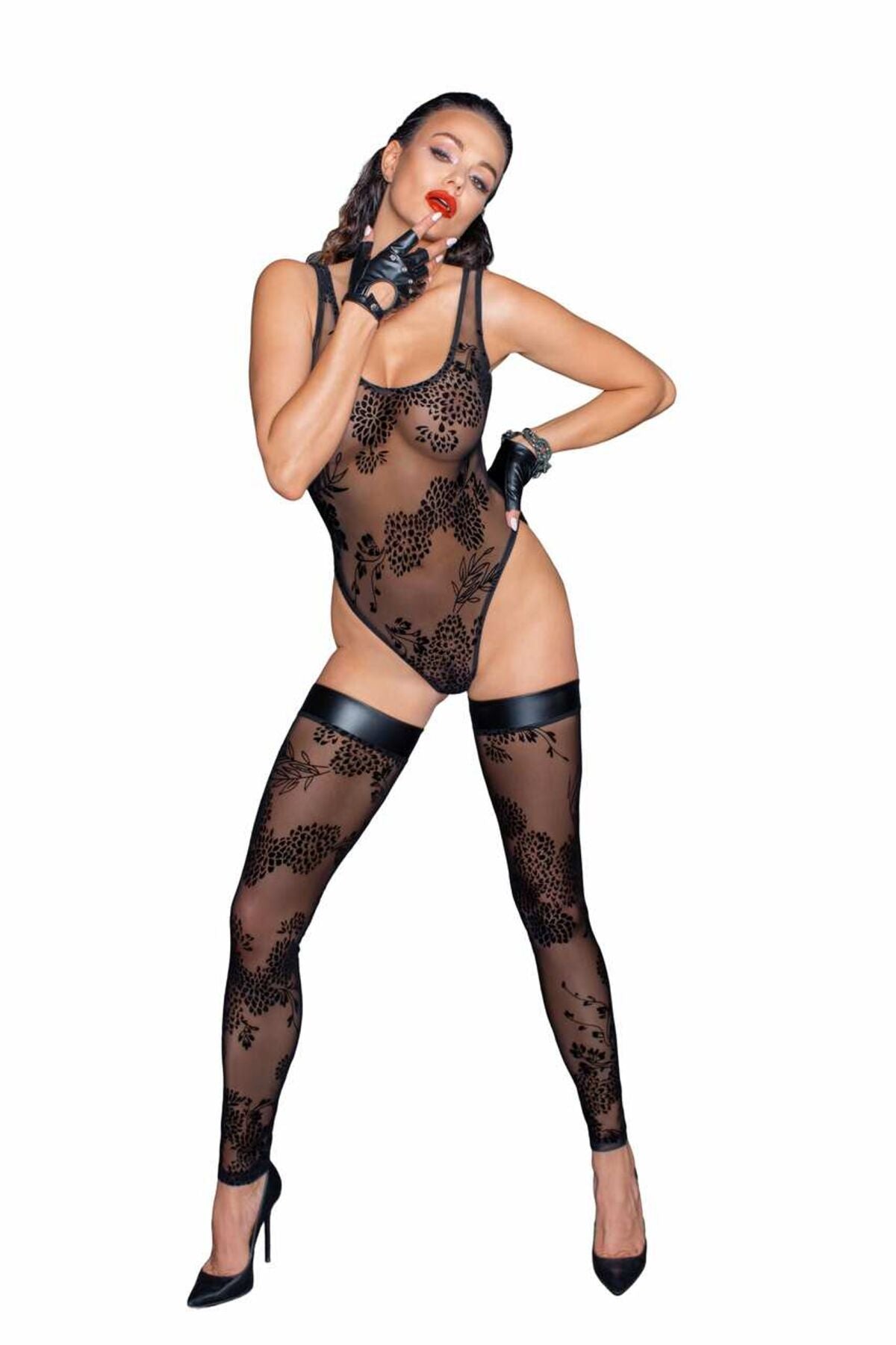 Боді Noir Handmade F242 Tulle body with patterned flock embroidery - S