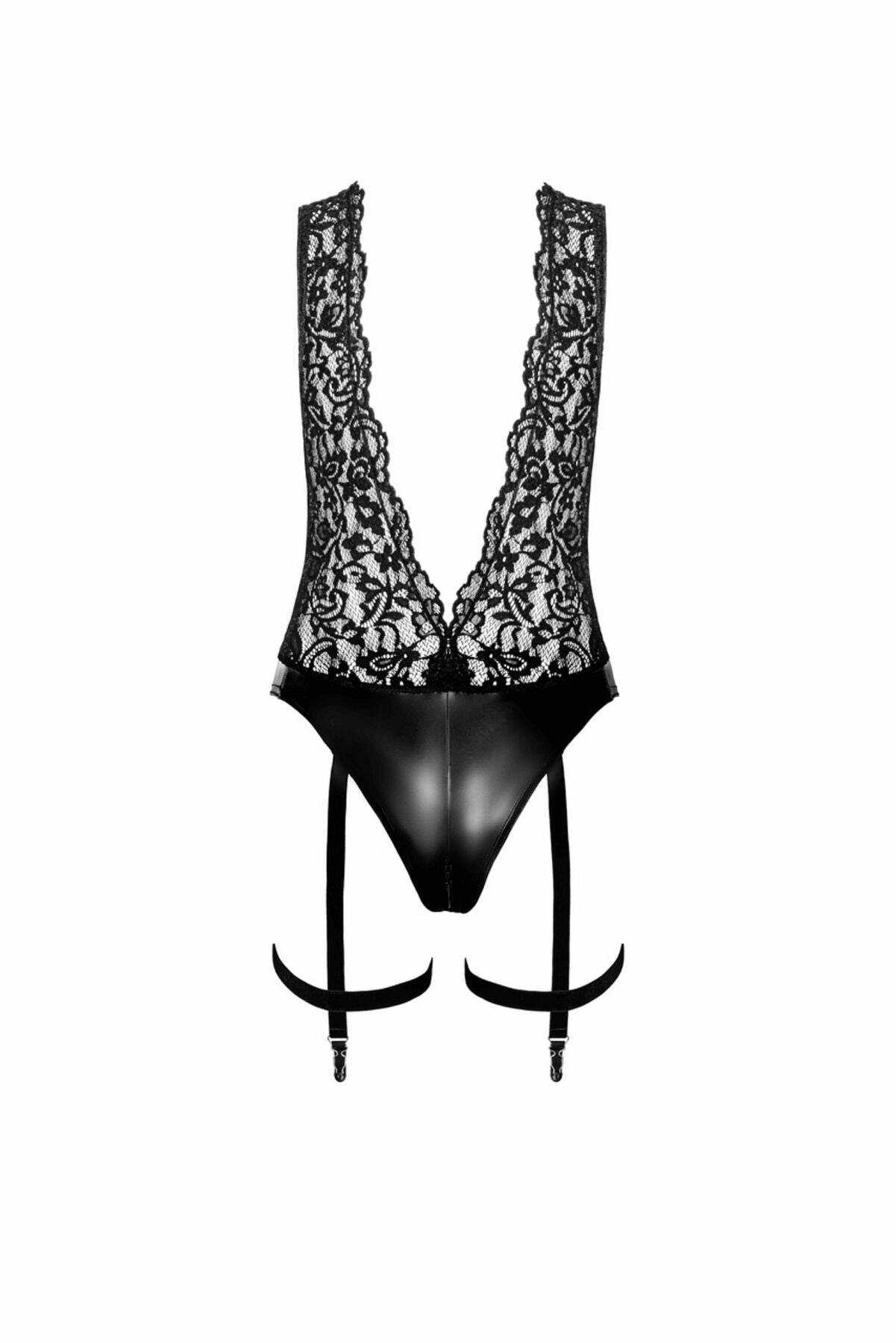 Боді Noir Handmade F297 Libido Deep-V bodysuit with collar, pearl chain and garter - S