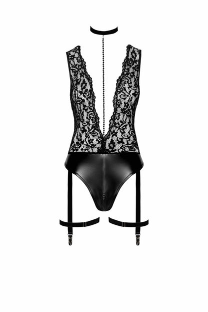 Боді Noir Handmade F297 Libido Deep-V bodysuit with collar, pearl chain and garter - L