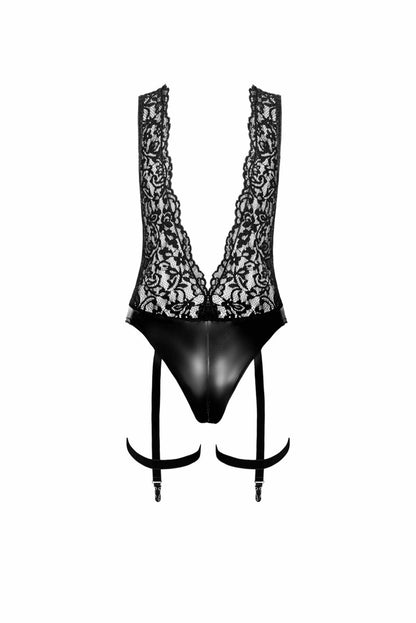 Боді Noir Handmade F297 Libido Deep-V bodysuit with collar, pearl chain and garter - L