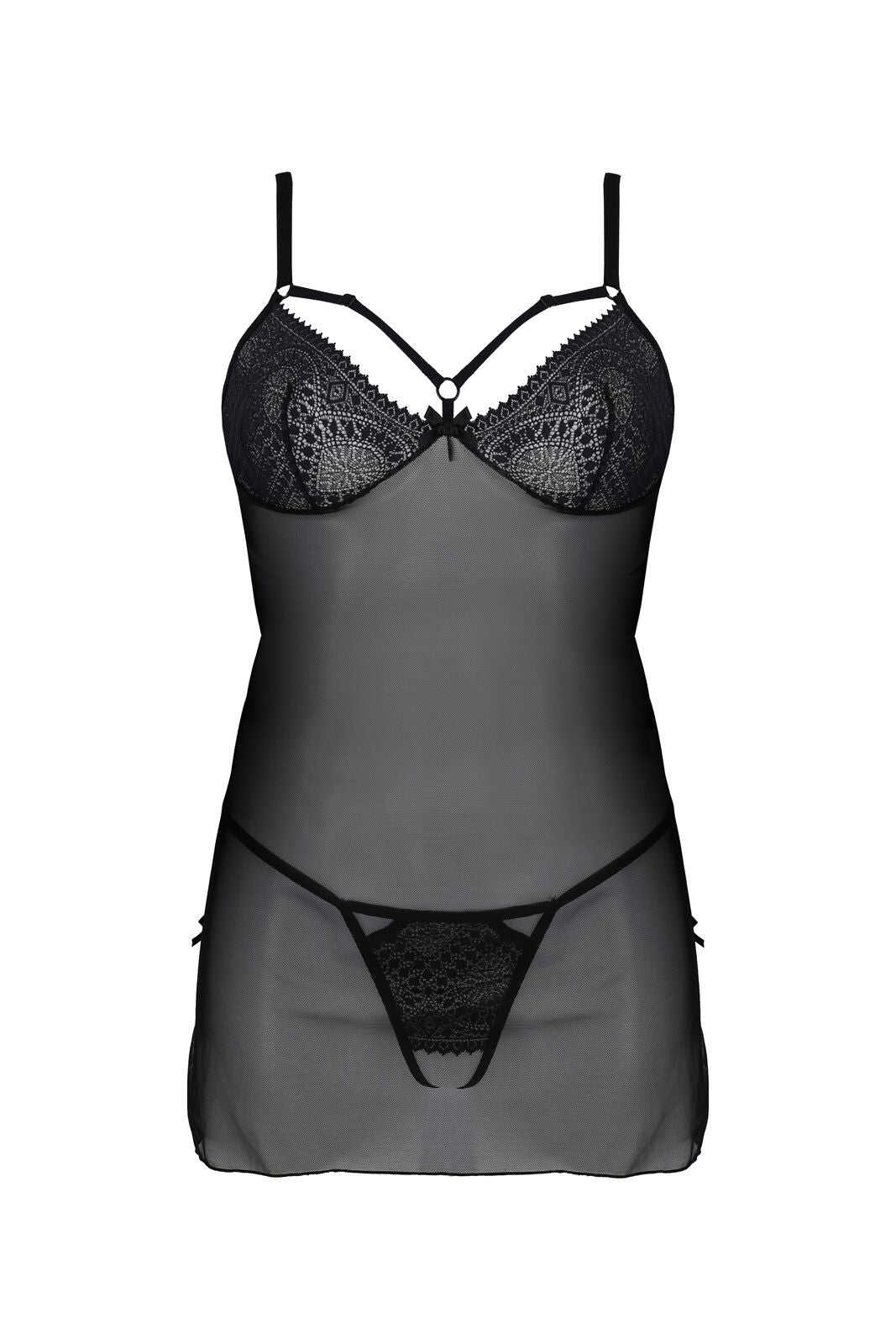 Пеньюар Passion DROSERA CHEMISE black, S/M, мереживний ліф зі стрепами, трусики в комплекті