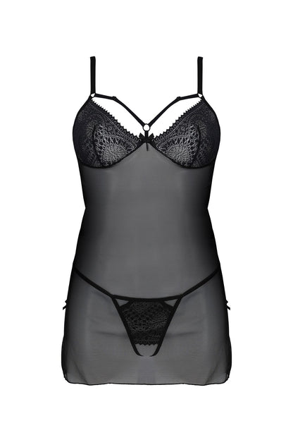 Пеньюар Passion DROSERA CHEMISE black, S/M, мереживний ліф зі стрепами, трусики в комплекті