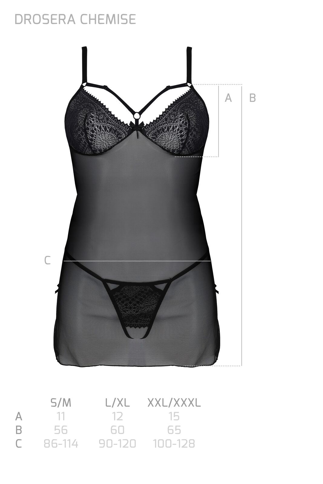 Пеньюар Passion DROSERA CHEMISE black, S/M, мереживний ліф зі стрепами, трусики в комплекті