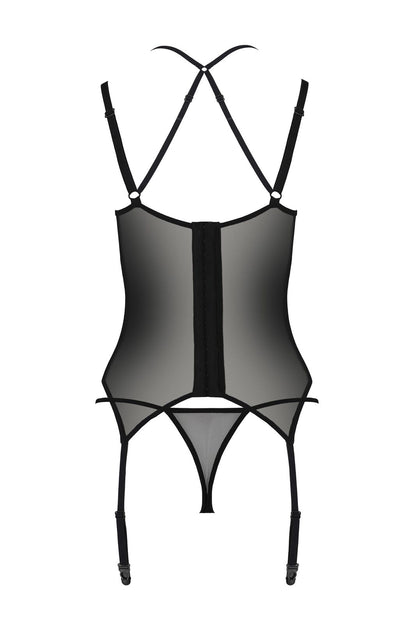 Корсет Passion DROSERA CORSET black, S/M, з кріпленнями для панчіх, трусики в комплекті