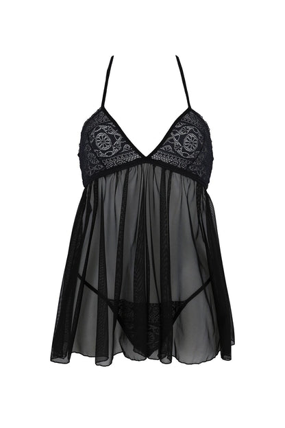 Пеньюар Passion KERRIA CHEMISE black, L/XL, мереживний верх, трусики в комплекті