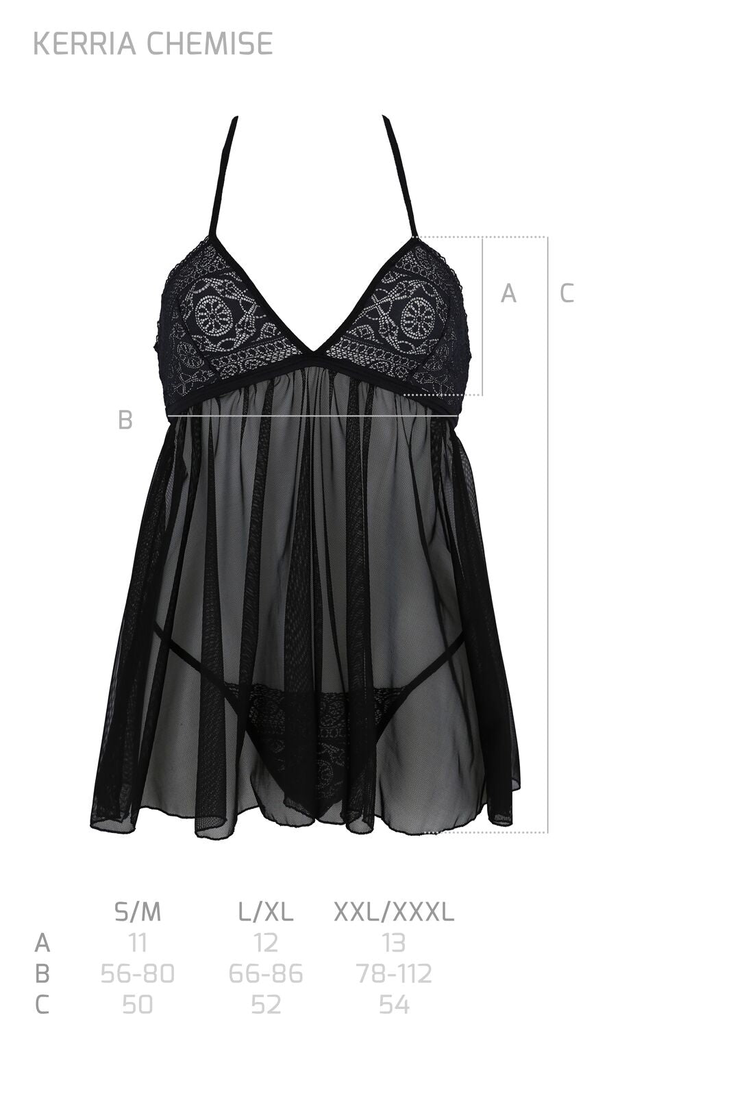 Пеньюар Passion KERRIA CHEMISE black, L/XL, мереживний верх, трусики в комплекті