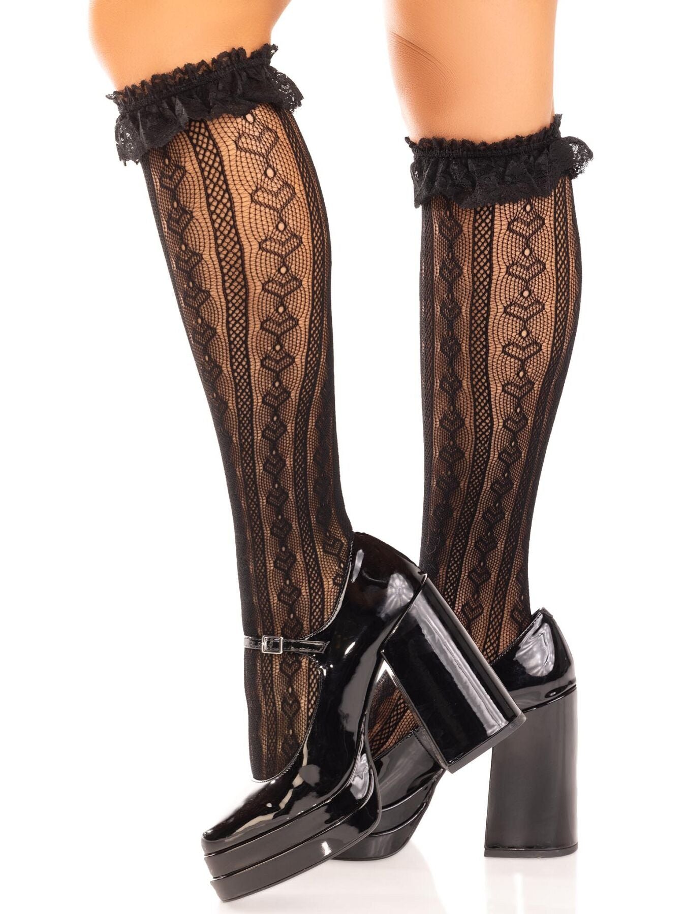 Шкарпетки ажурні з рюшами Leg Avenue Sweetheart Ruffle Cuff Knee Highs Black, високі