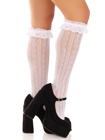 Шкарпетки ажурні з рюшами Leg Avenue Sweetheart Ruffle Cuff Knee Highs White, високі